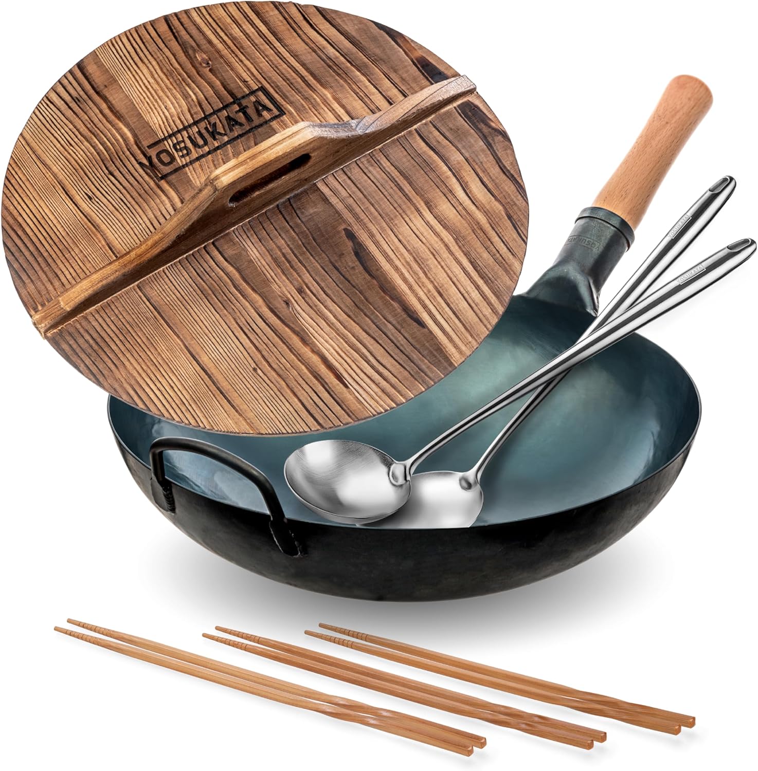YOSUKATA Blue Round Bottom Wok Pan – 14" + Premium Wok Cover 14 inch Pan Lid + Reusable Natural Wooden Long Cooking Chopsticks Set of 3 pairs + 17’’ Spatula and Ladle