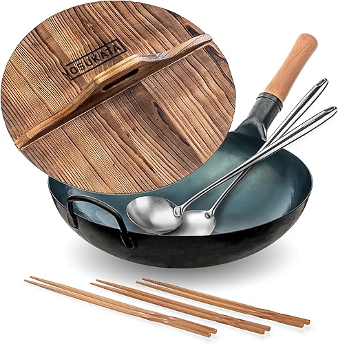 YOSUKATA Sartén para wok de fondo redondo azul  Woks y sartenes para freír de 14 pulgadas + palillos largos de madera natural reutilizables juego de