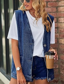 Shebote Womens Oversized Sleeveless Jean Denim Jacket Button Shebote Womens Oversized Sleeveless Jean Denim Jacket Button