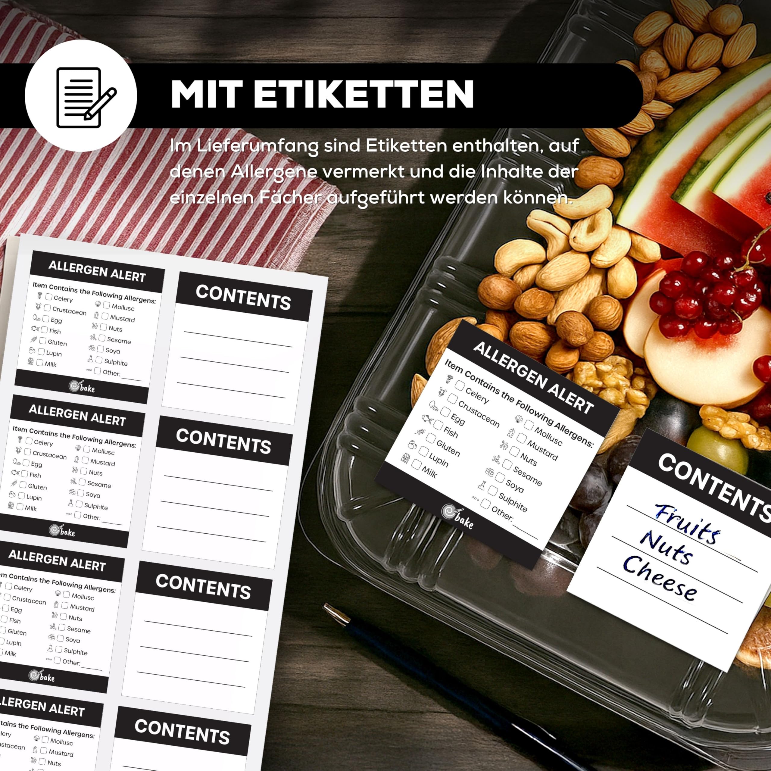 5er-Set Serviertabletts – 34 x 24 x 7,5 cm Servierplatte mit Deckel für Buffet Zubehör Partys und Catering, Einweg Inklusive Sticker-Etiketten