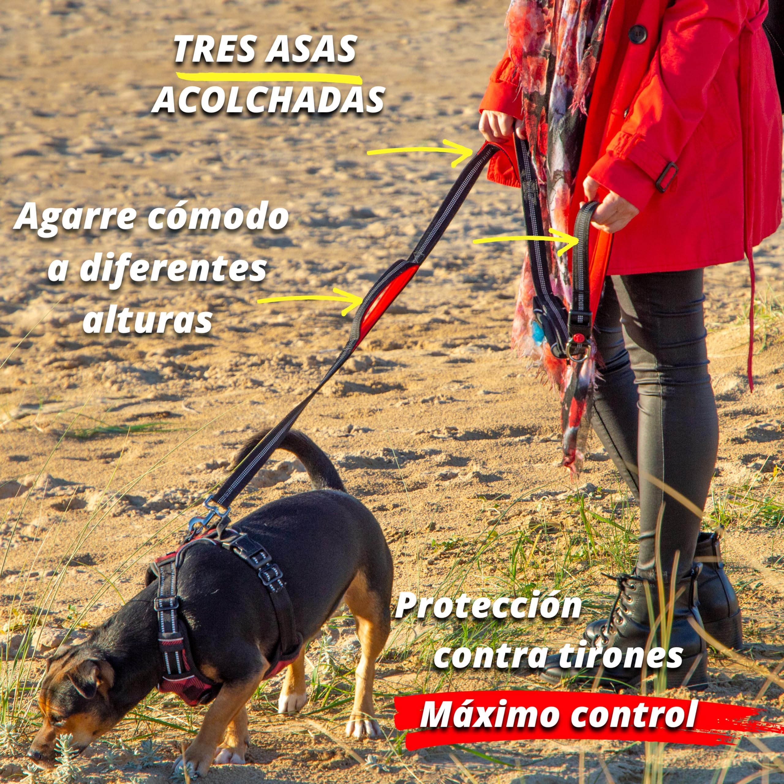 Correa para Perros Grandes y Fuertes 1,5 m | 3 Asas Acolchadas de Control | Mosquetón con Bloqueo + Giro 360º | Reflectante + Bolsillo Impermeable con Dispensador | Rojo