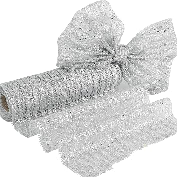 HUIHUANG Silver Glitter Christmas Tree Ribbon - 10 Inch Wide Mesh Fabric, 10 Yards for Tree Decorations, Garlands, Large Bows, Box Wrapping