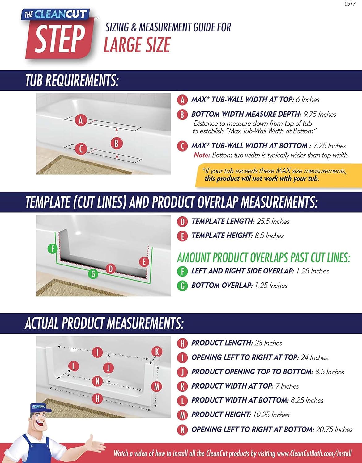 CleanCut Step Bathtub Accessibility Kit - Convert Existing Tub to Step-in Shower (White, Size Large)