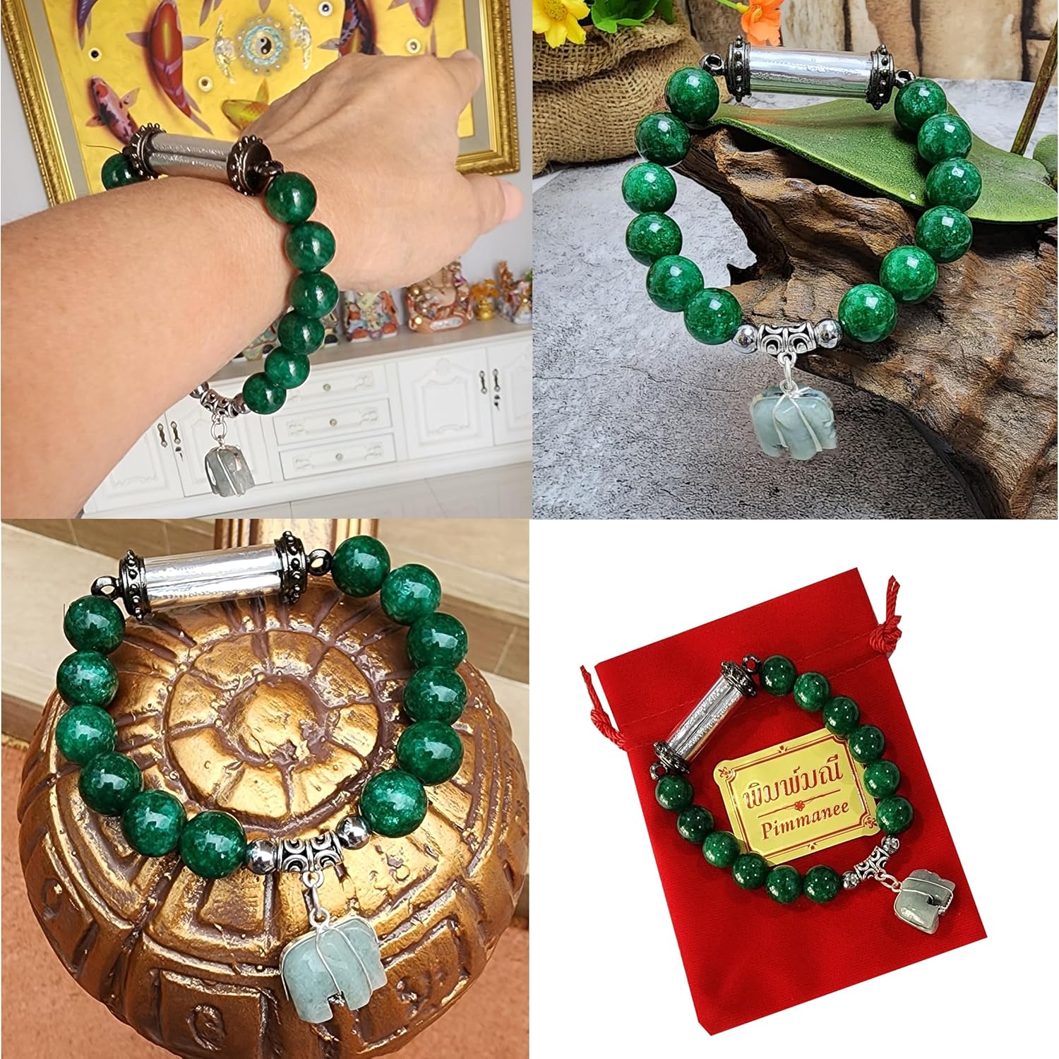 5-Row Thai Jade Takrut Yantra Bracelet for Women – Good Luck & Healing Gemstone Hand Bracelet with Elephant Jade Charms for Prosperity. - Image 4