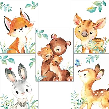 A4 Pictures Nursery Decoration Girls Boys Magical Forest Animals Poster Baby Room Set of 5 Children's Pictures DIN A4 without Frame