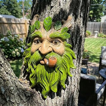 9.9 Whimsical Tree Face Sculpture, Garden Peeker Statue, Outdoor Trunk Tree Huggers Art, Landscape Accent Ornament, Hanging Fairy Elve Figurine for Yard Art, Trees Decor Wall Mounted Statues