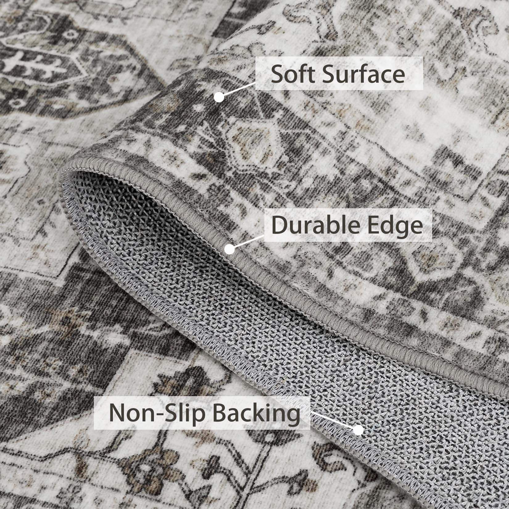 ROYHOME 9x12  Area Rug Machine Washable Rug Traditional Distressed Rug Indoor Floor Cover Vintage Medallion Carpet Rug Stain Resistant Non-Slip Accent Rug for Living Room Bedroom, Grey/Beige