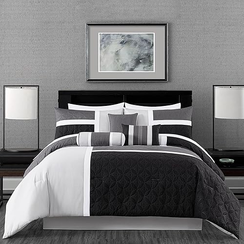 Chezmoi Collection Upland 7-Piece Quilted Patchwork Comforter Set, Black/Gray/Light Gray,