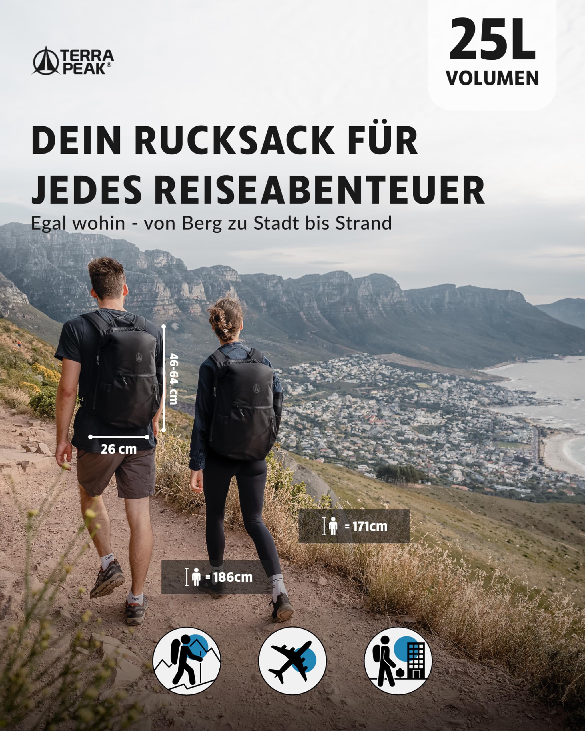 Terra Peak® Zaino Rolltop 20-25 litri (46x26x17cm) donna e uomo (HELIN) nero - Zaino da viaggio (per il bagaglio a mano) e giorno con scomparto per laptop (15 pollici) - Daypack e Backpack ergonomico