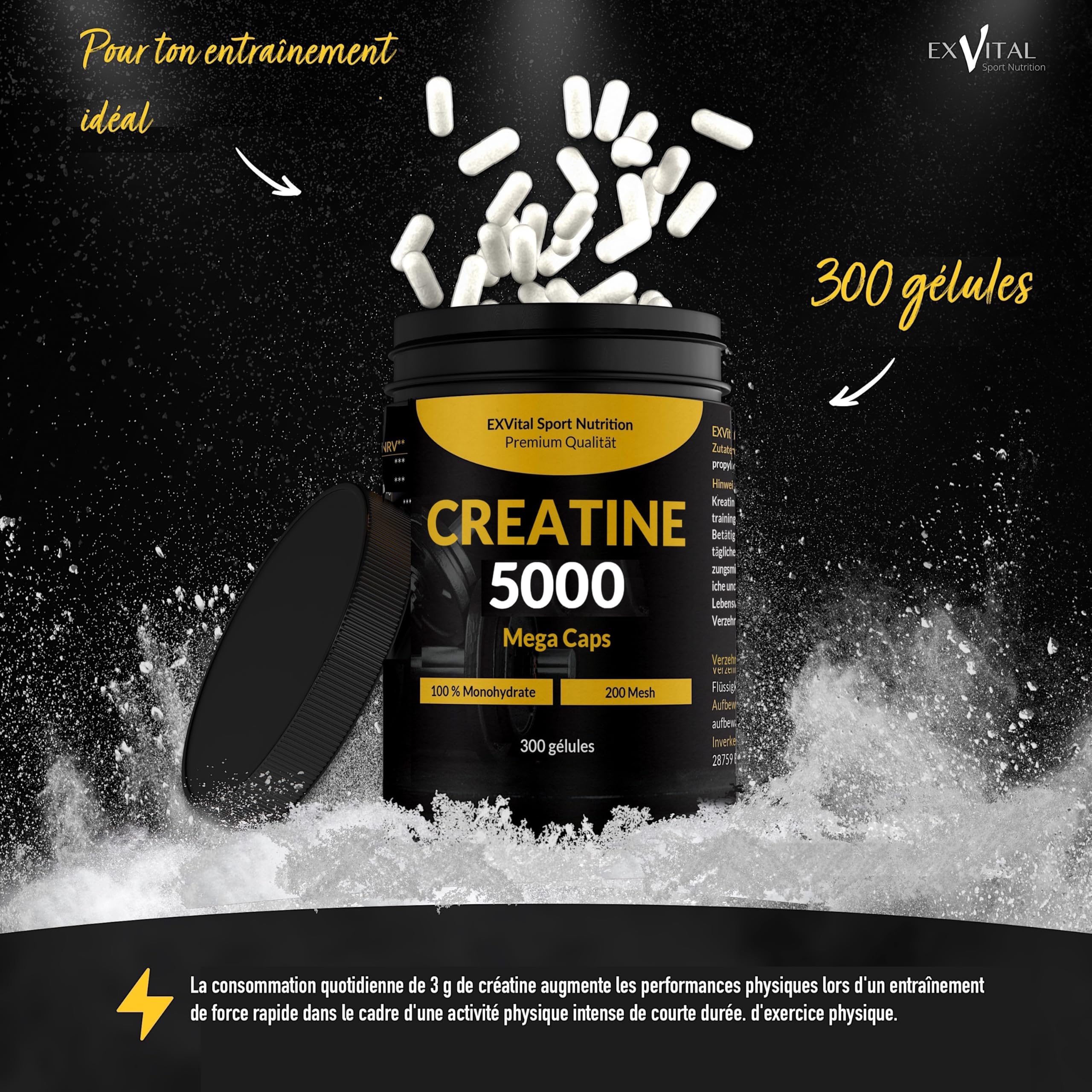 Créatine 5000 Mega Caps, 5000 mg de créatine monohydrate par dose journalière, 300 capsules véganes, 100% pure, Facteur Mesh 200, Végane et testée en laboratoire