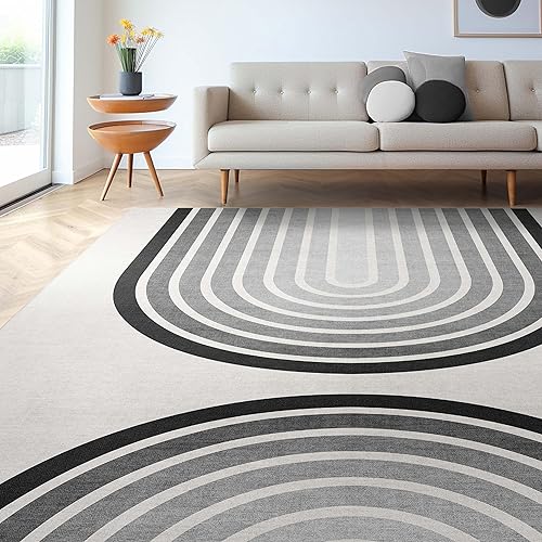 Miniatura 6 de Well Woven Alfombra geométrica moderna de tejido plano de 5 pies 3 pulgadas x 7 pies 3 pulgadas, curvas de luz blanca y negra, para sala de estar,