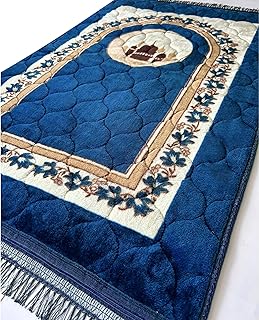 Prayer Rug Muslim Mat Islamic - Very Thick Prayer Rug Sajadah for Men Women with Islam Prayer Beads for Eid Travel Ramadan, Soft and Luxury (R_Blue)