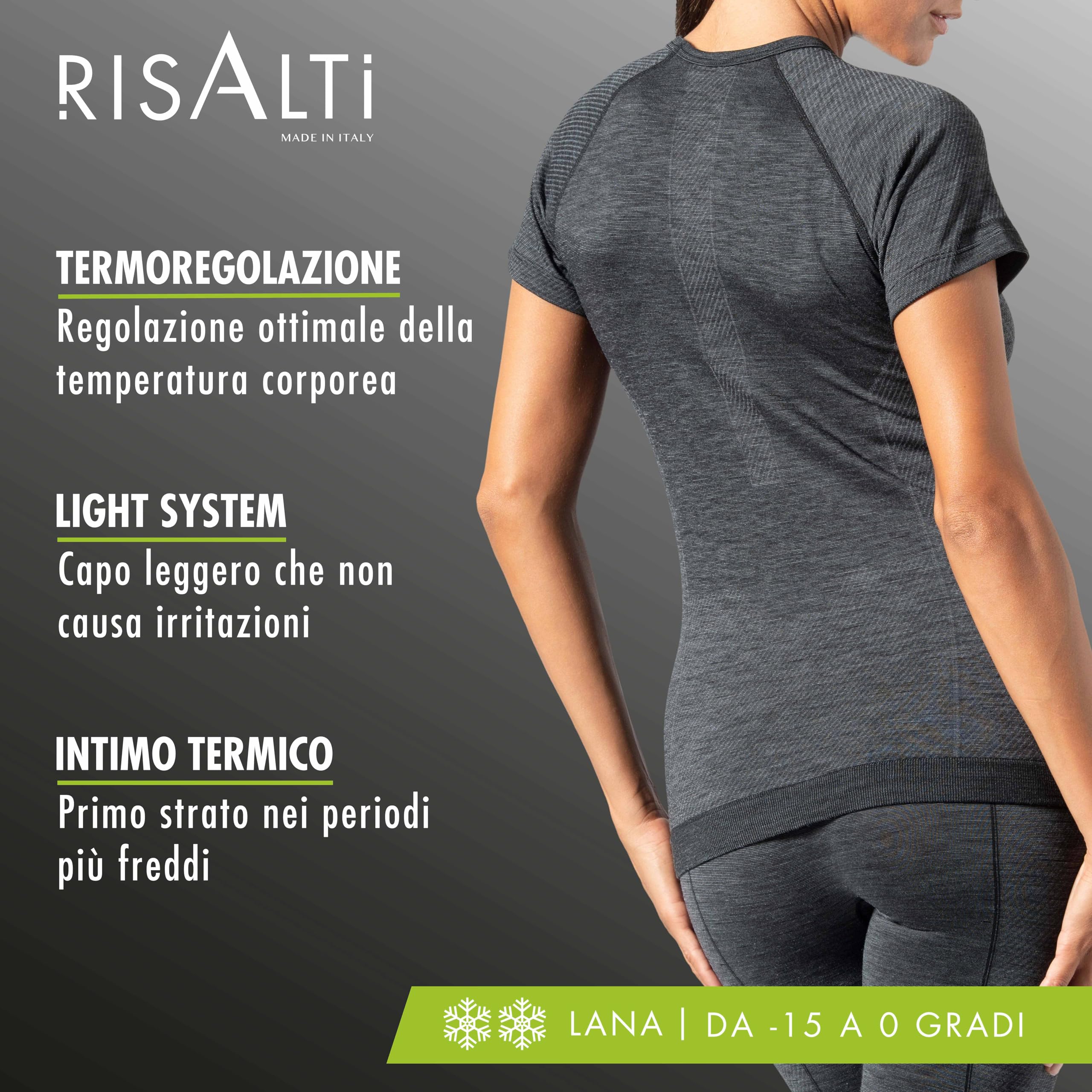 Risalti Maglia Manica Corta Termica Unisex Lana Merino - Maglia Termica e Traspirante, Abbigliamento Uomo e Donna Termico - Maglia Senza Cuciture - Made in Italy