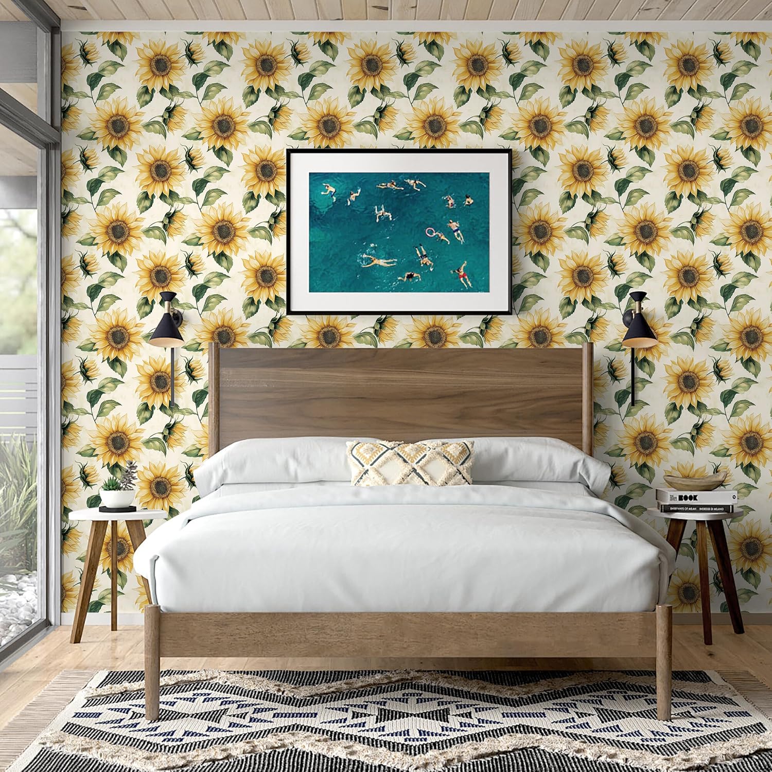 Yasinet Sunflower Peel and Stick Wallpaper Boho Floral Wallpaper Yellow Vintage Contact Paper for Bedroom Cabinets Farmhouse Waterproof Removable Self-adhesive Wall Paper for Wall Vinyl 17.3" x 393.7"