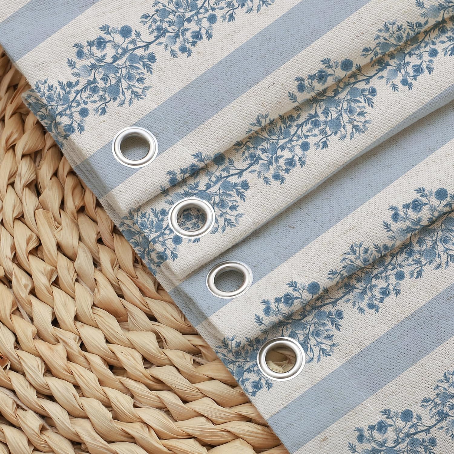 Blue Stripe Linen Textured Ruffle Shower Curtain - Vintage Floral Block Print,Boho Cottagecore Farmhouse French Country Bathroom Decor Set,72x72 Inches
