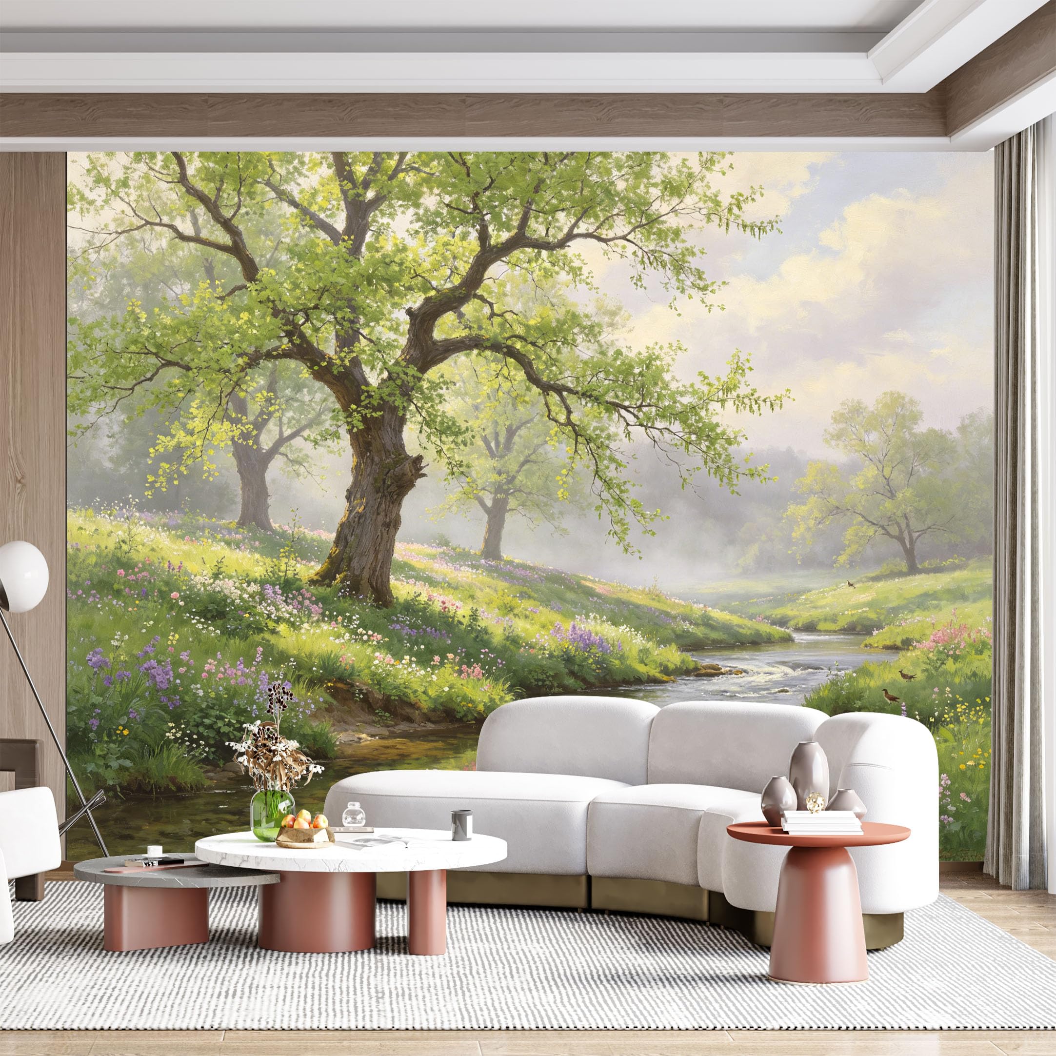 Custom Size Wall Mural Pastoral Meadow Stream Serene Landscape Oil Painting SelfAdhesive Wall Fabric Removable for Home Office Decor