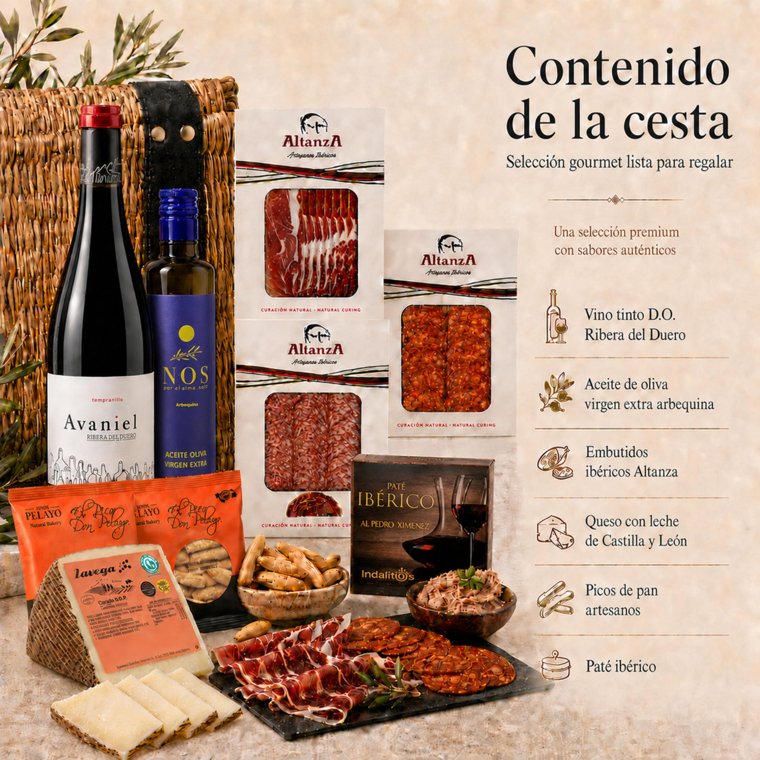Cesta Gourmet Regalo Vino DO Ribera Aceite Oliva Virgen Extra Embutidos Ibericos Bellota Paleta Ibérica Queso Curado