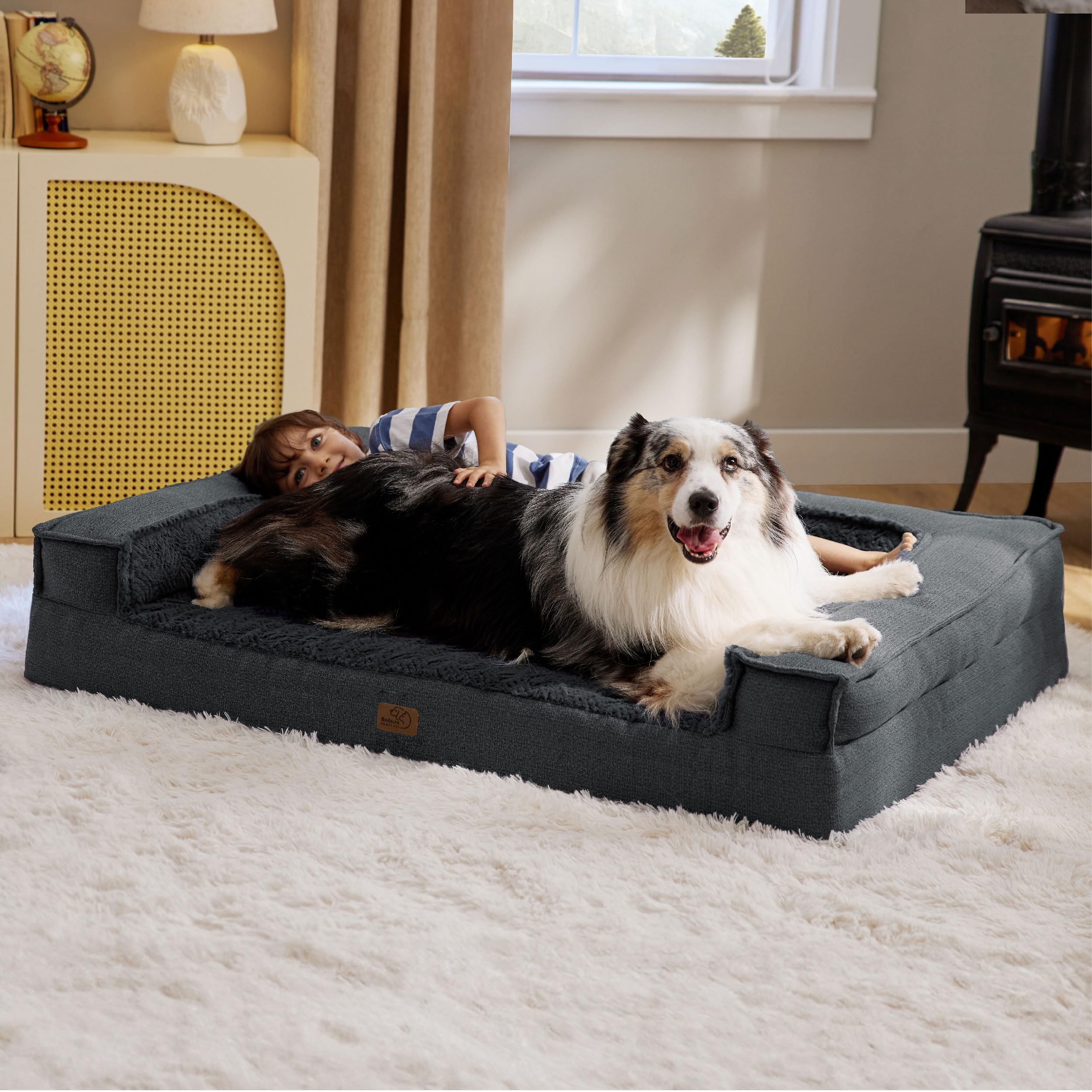 Bedsure Orthopedic Dog Bed for Extra Large Dogs - Egg Foam Dog Sofa Bed, Bolster Couch Pet Bed with Removable Waterproof Washable Cover, Comfy Plush Velvet Fluff Surface, Nonskid Bottom, Charcoal