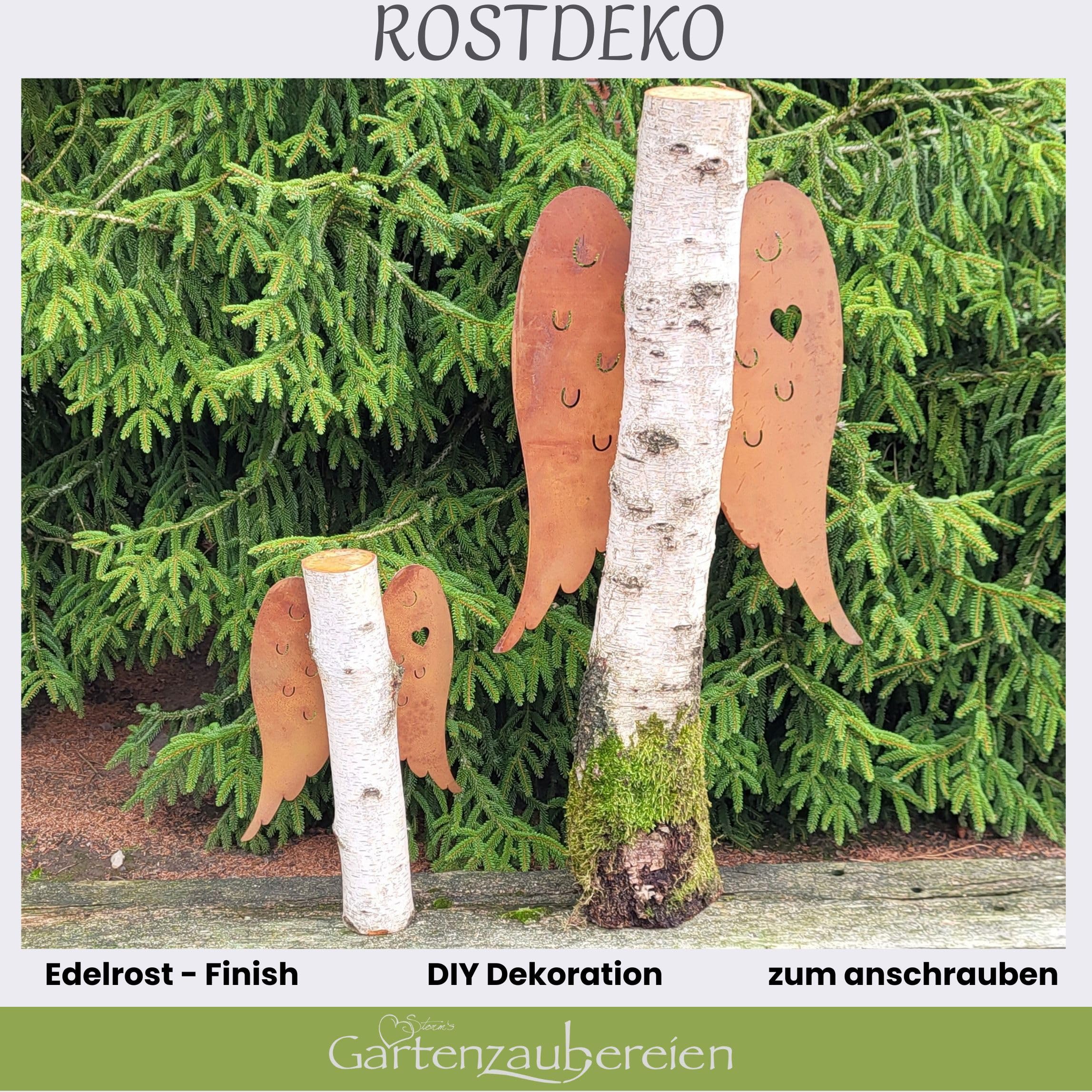 Storm's Gartenzaubereien 2 Engelsflügel aus Metall in Rostoptik mit Herz zum Aufhängen 38cm und 58cm groß als Wanddeko - Gartendeko