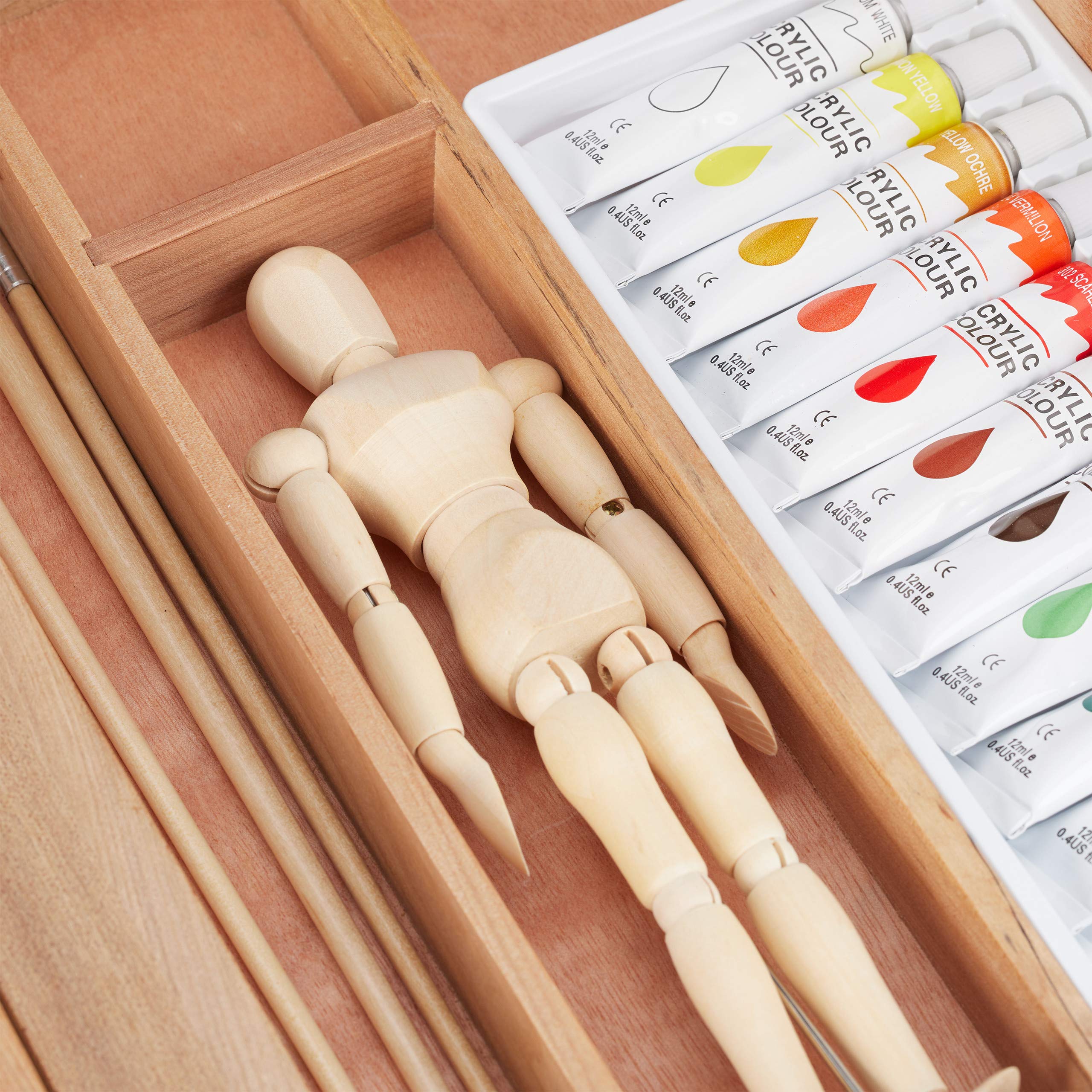 Relaxdays 10026740_1053 Coffret de Peinture,22 pièces Set Peintre,Bois Mannequin,Palette de mélange, Pinceau, chevalet, Toile,Couleurs, d’Orme, Naturel, 30,5 x 32 x 7,5 cm