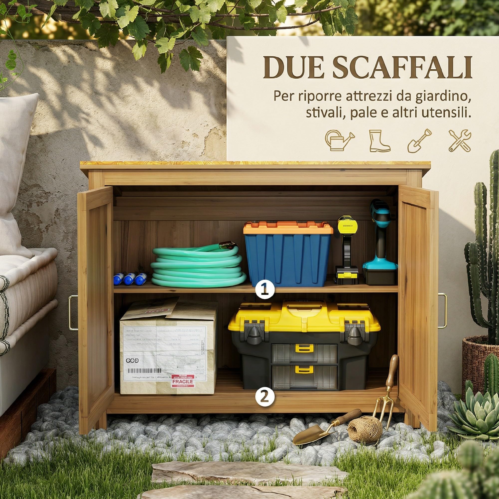 Outsunny Casetta da Giardino con 2 Ante, 2 Scaffali, Tetto Inclinato e Base Sollevata Armadio da Giardino in Legno di Abete per Terrazza e Giardino 110x50x85 cm Marrone