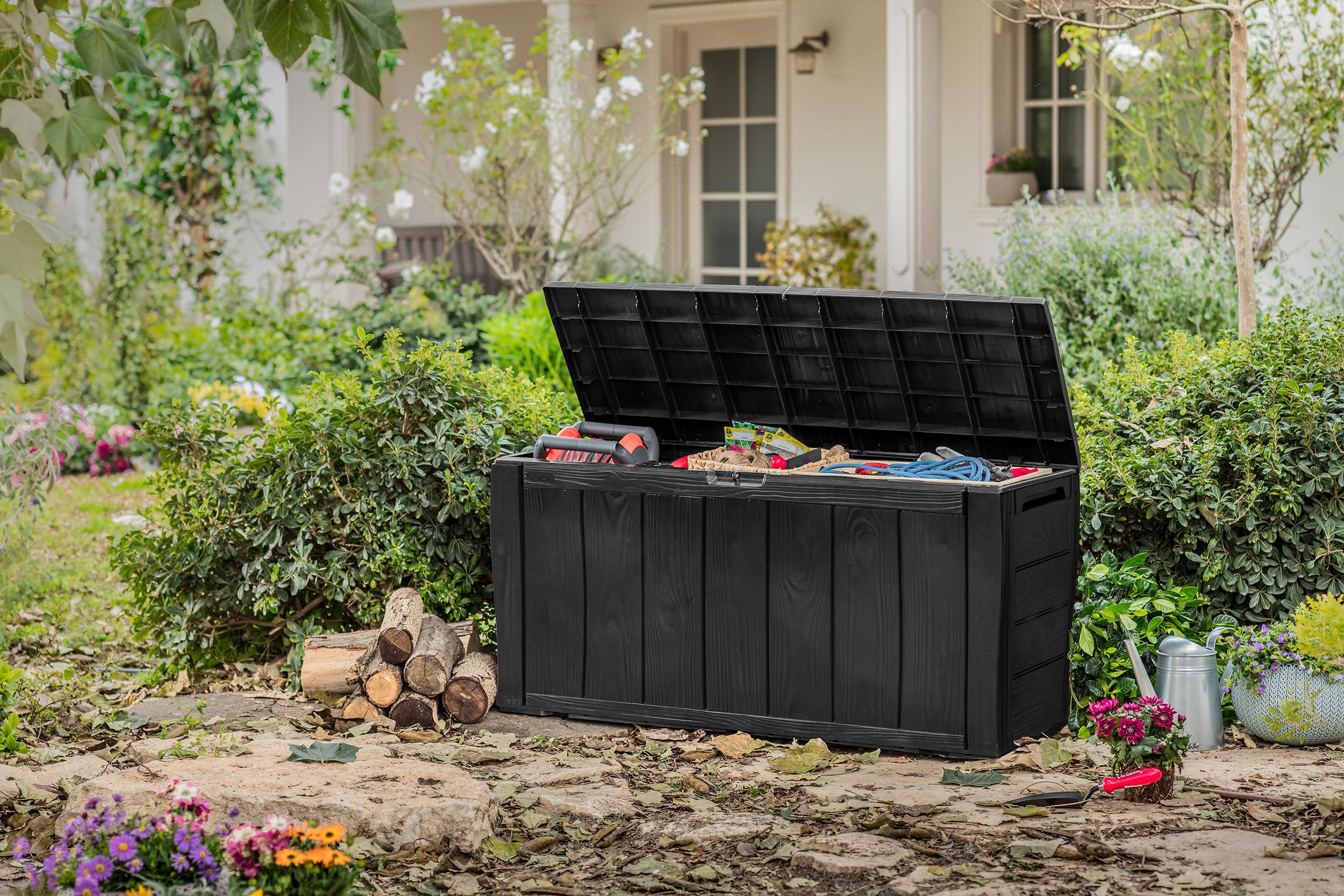 Box Da Giardino Impermeabile 378 Litri GIANTEX - Con Coperchio, Sembra Legno, Per Attrezzi, Cuscini, Piscina