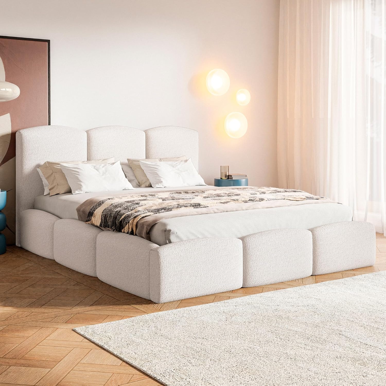 MOTIVENA Cloud Bubble Bed 160 x 200 cm White Boucle with Storage Space with Headboard with Slatted Frame without Feet without Mattress Bubble Upholstered Bed 160 x 200 cm with Bed Box White Milk