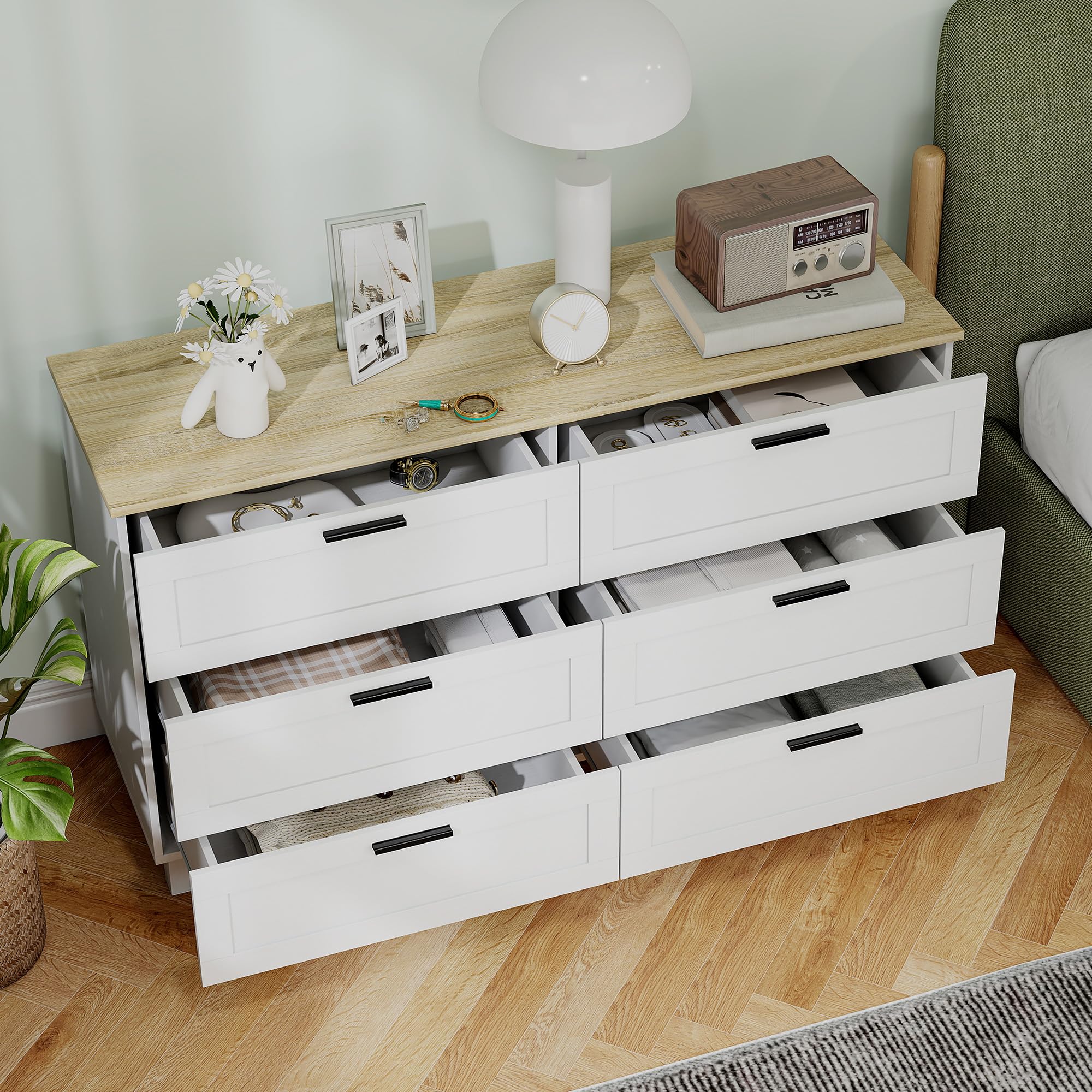 HOMCOM Commode 6 tiroirs, Meuble de Rangement avec Pieds en Bois de pin, Style Moderne, Commode pour Chambre à Coucher, Salon, Couloir, 120 x 38 x 71 cm, Bois Naturel et Blanc