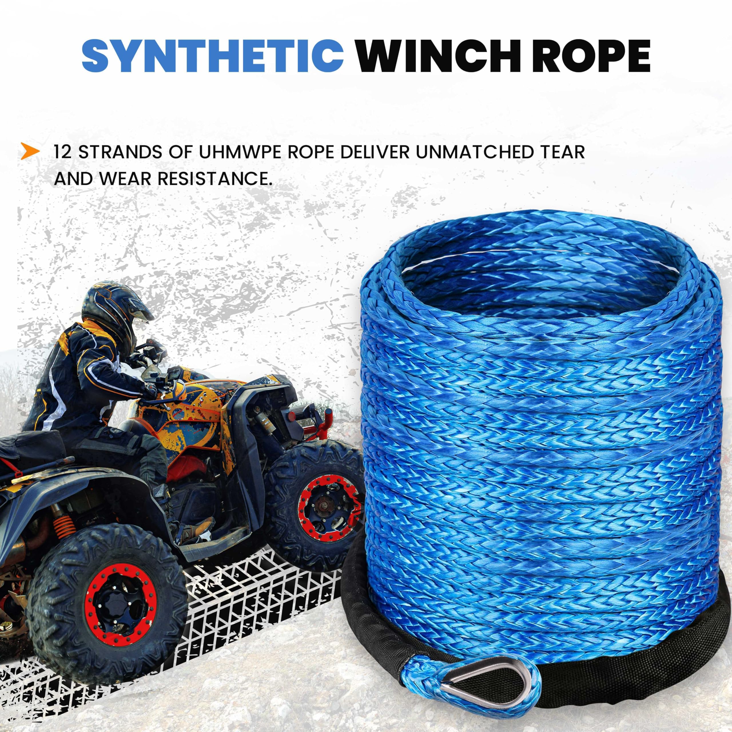 Synthetic Winch Rope ¼ inch x 50ft - Winch Cable Replacement with 8000 lbs Breaking Strength - Synthetic Rope Winch Cable for Off-Roader ATV UTV