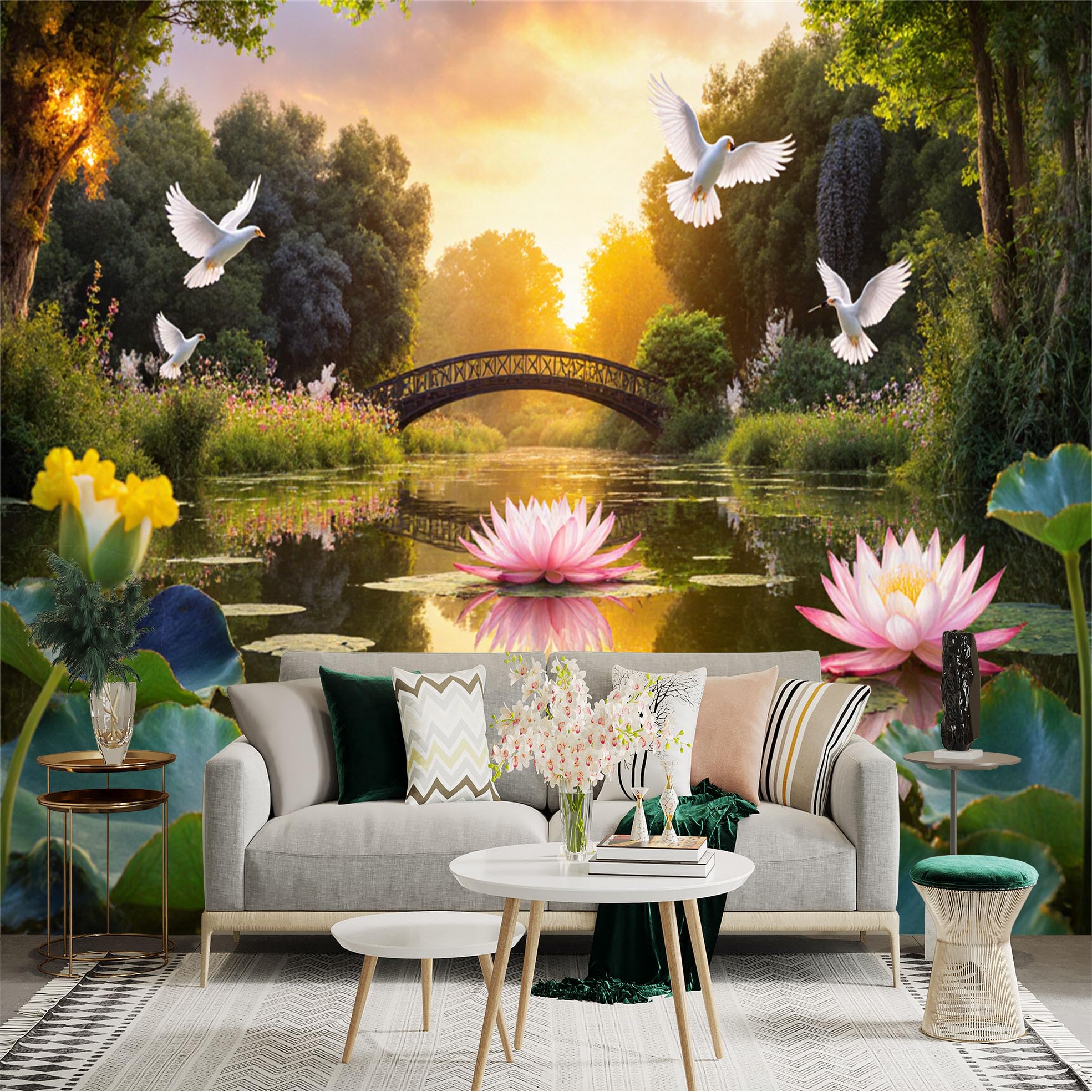 Custom Size Wall Sticker Mural， Peaceful Garden Scenery， Pink Lotus Flowers on Pond， Elegant White Doves Flying， Wooden Bridge Over Water， for wall Decoration， peelandstick wall Decals.
