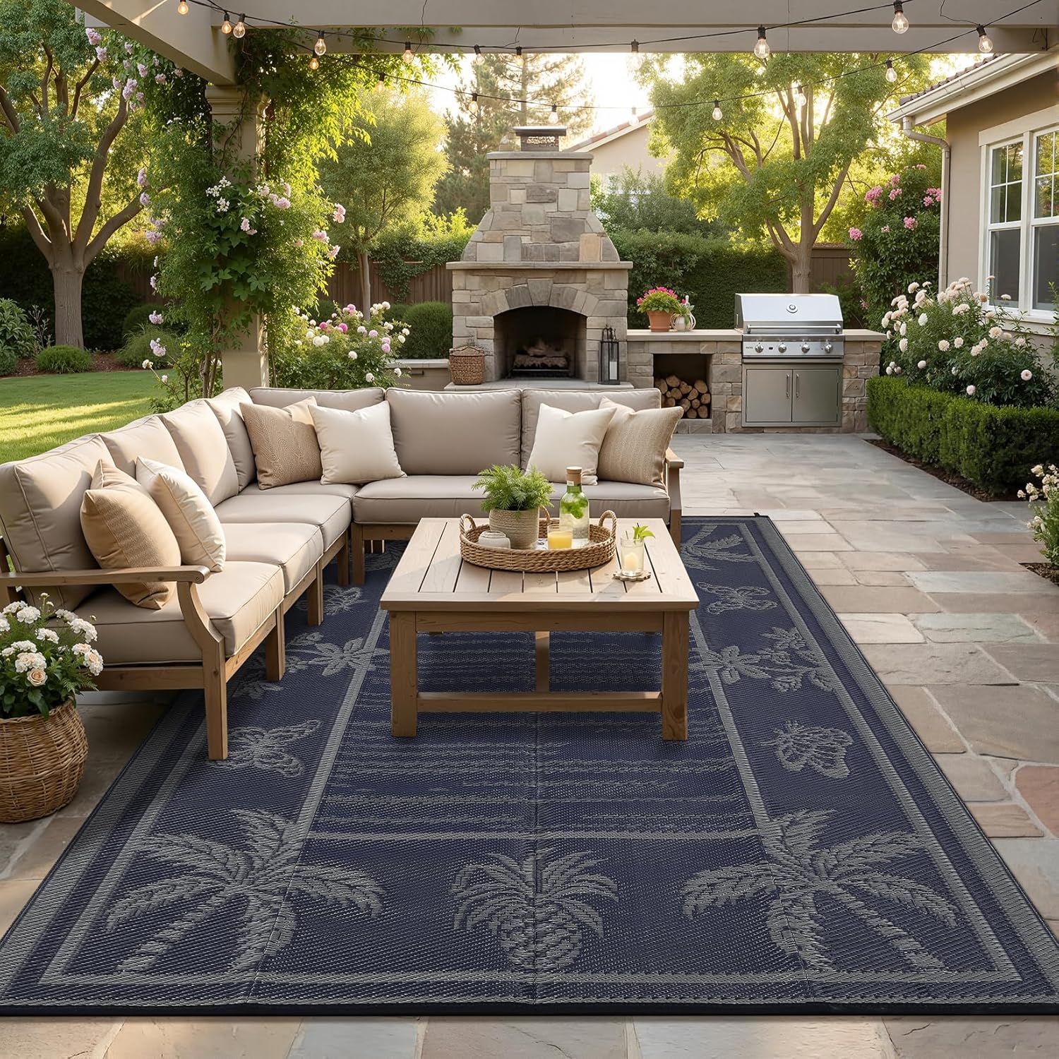 GarveeHome Outdoor Rug 8x10 Patio Waterproof Reversible, Tropical Plants Indoor Outdoor Rugs, Large Plastic Straw Mat Carpet for Camping, RV, Deck, Balcony, Picnic, Backyard, NavyGrey