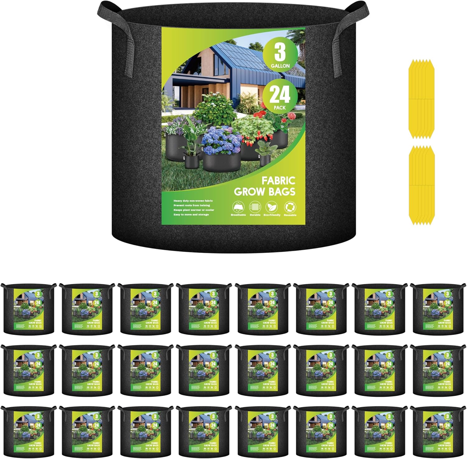 iPower 24-Pack 3 Gallon Grow Bags Heavy Duty Thickened Aeration Nonwoven Fabric Pots with Nylon Handles, for Planting Vegetables, Fruits, Flowers, Black