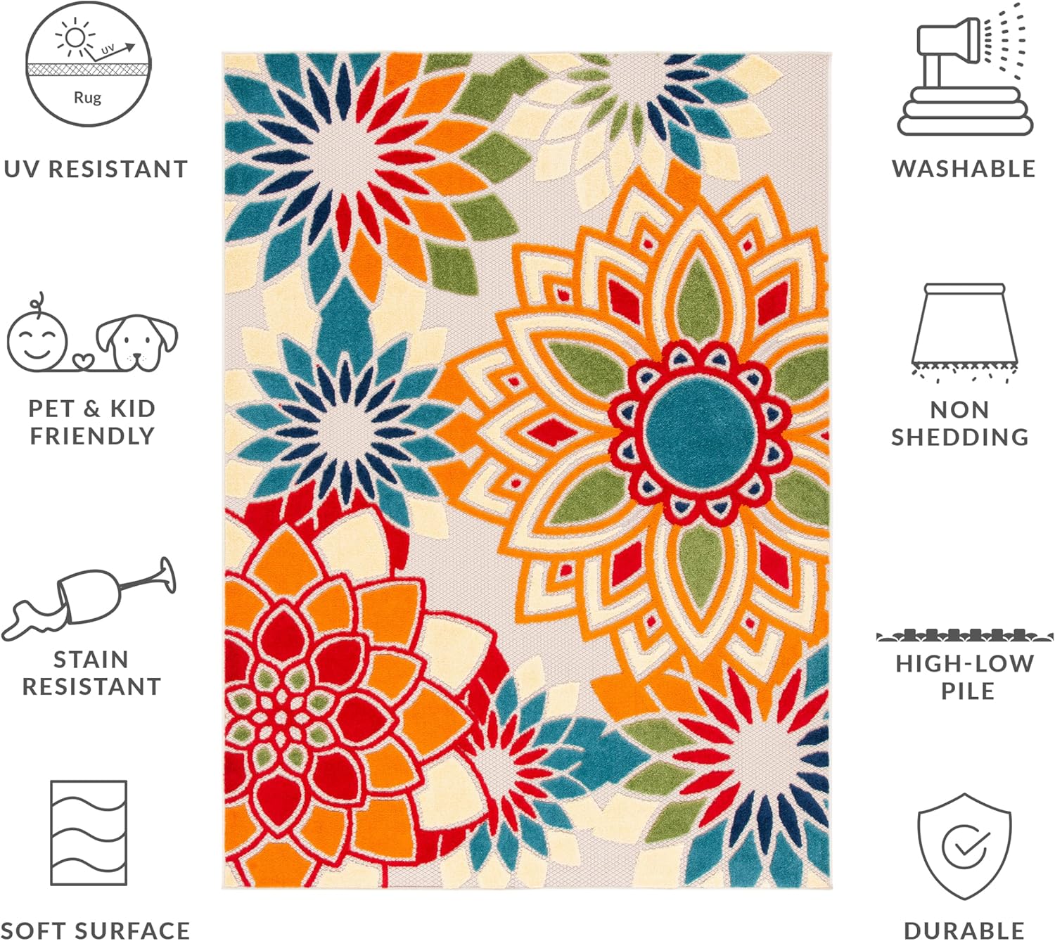 SAFAVIEH Area Rug 8x10 - Outdoor Cabana Collection - Large - Ivory & Orange, Floral Design, Weather Resistant & Washable, Ideal for Patio, Backyard, Mudroom, Deck, Dining Space (CBN328A)