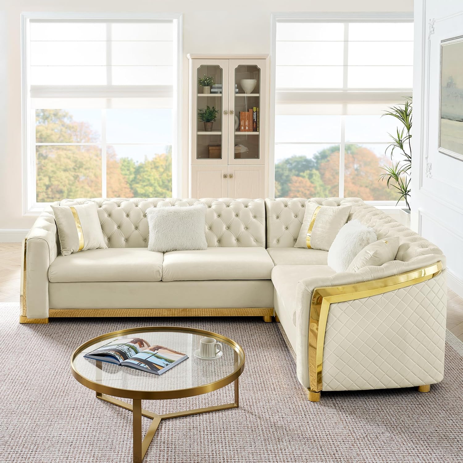 106-in L-Shaped Chesterfield Sectional Sofa Set with Gold Stainless Steel Accents, Velvet Button Tufted Back, 5 Pillows, Soft Foam Cushions, Luxury Living Room Couch, 105.5"x84.2"x32.2", Beige
