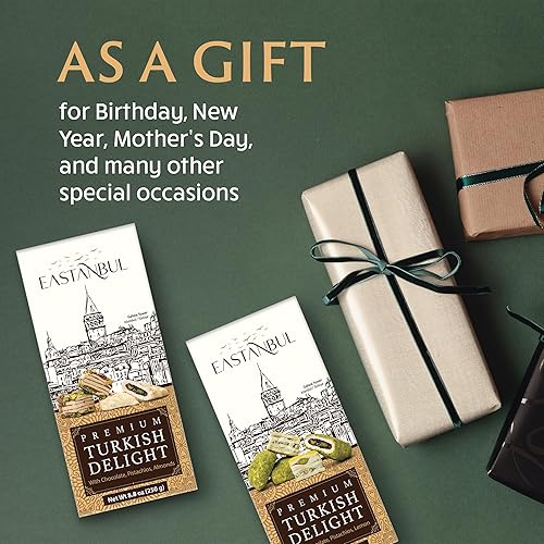 Miniatura 5 de Eastanbul Turkish Delight - Delicias turcas gourmet de 8.8 onzas, surtidas con almendras en rodajas y bolsas de lokum rellenas de chocolate,