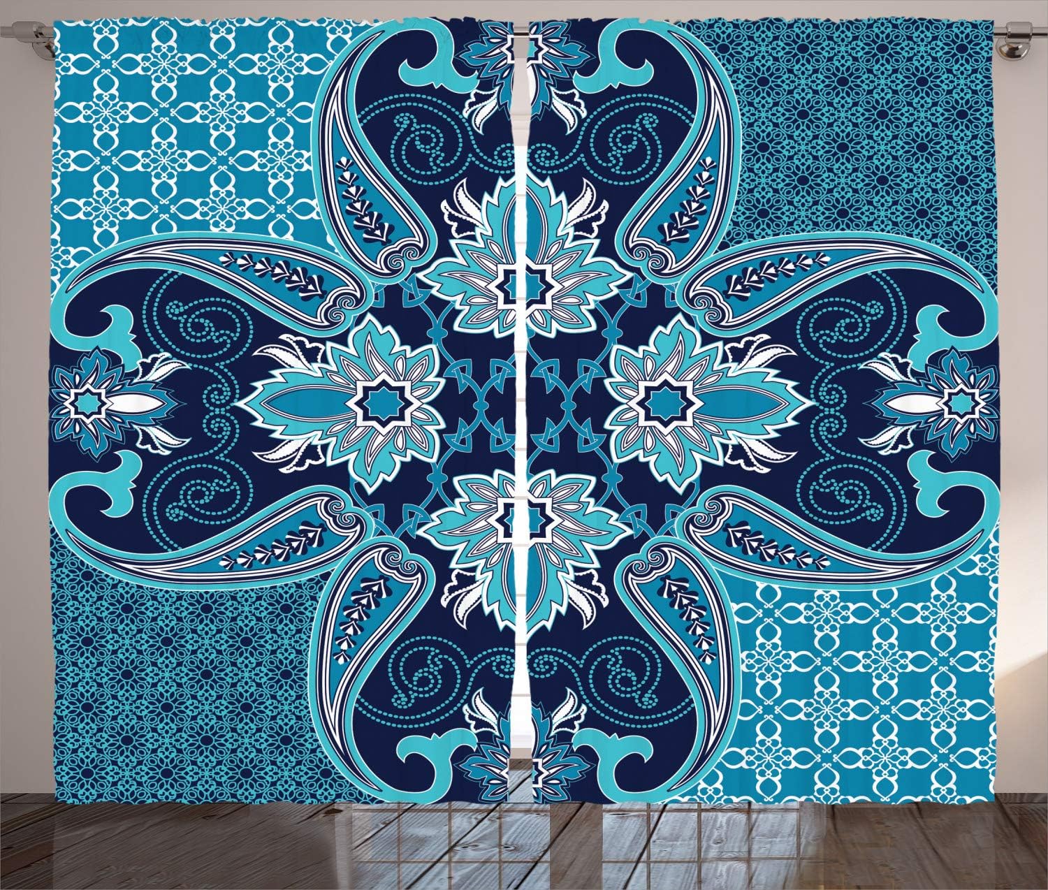 Ambesonne Navy Blue Curtains, Floral Paisley Design