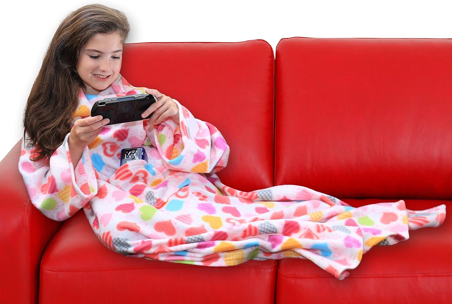 DG SPORTS Wearable Fleece Blanket for Kids with Sleeves and Pockets | Luxuriously Soft & Non-Irritating Fabric | Machine Washable | Cute Snuggle Couch Throw Cozy Cover for Boys and Girls (Hearts)
