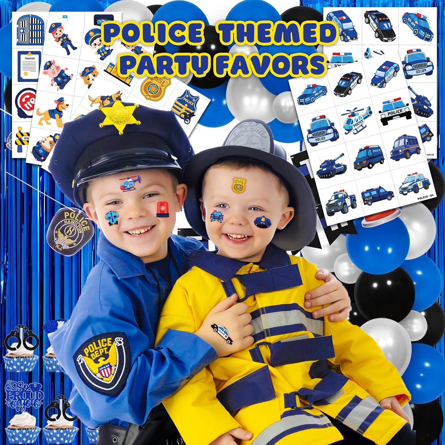 60 PCS Police Car Police Officer Policeman Pre-Cut Temporary Tattoos image 2