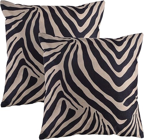 Leaveland Juego de 2 fundas de almohada con estampado de rayas de cebra en blanco y negro, fundas de almohada decorativas de lujo de lino y algodón,