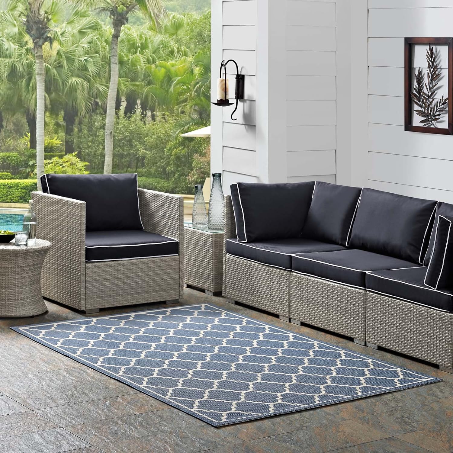 Modway Avena Moroccan Quatrefoil Trellis 8x10 Indoor and Outdoor In Blue and Beige