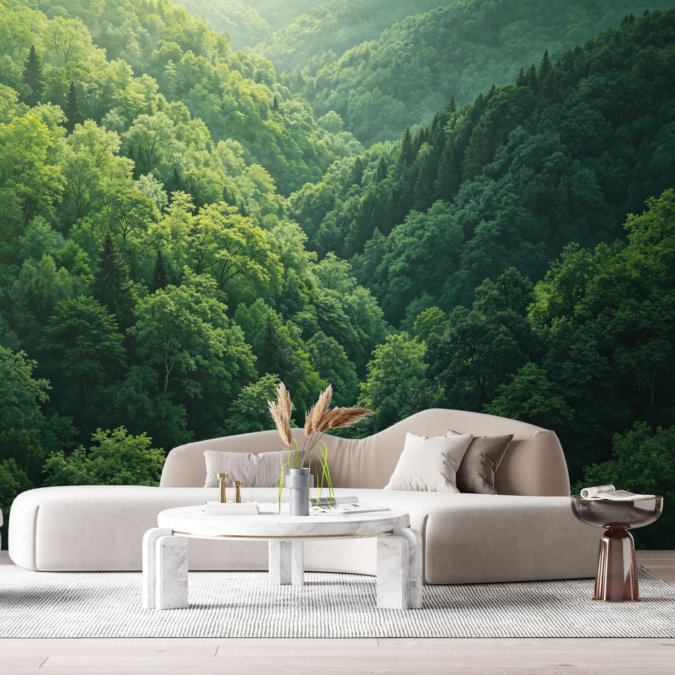 Custom Size Wall Murals Deep Green Forest Landscape Mountain Valley Sunlight Trees SelfAdhesive Wall Fabric Removable Large Wallpaper for Photo Living Room