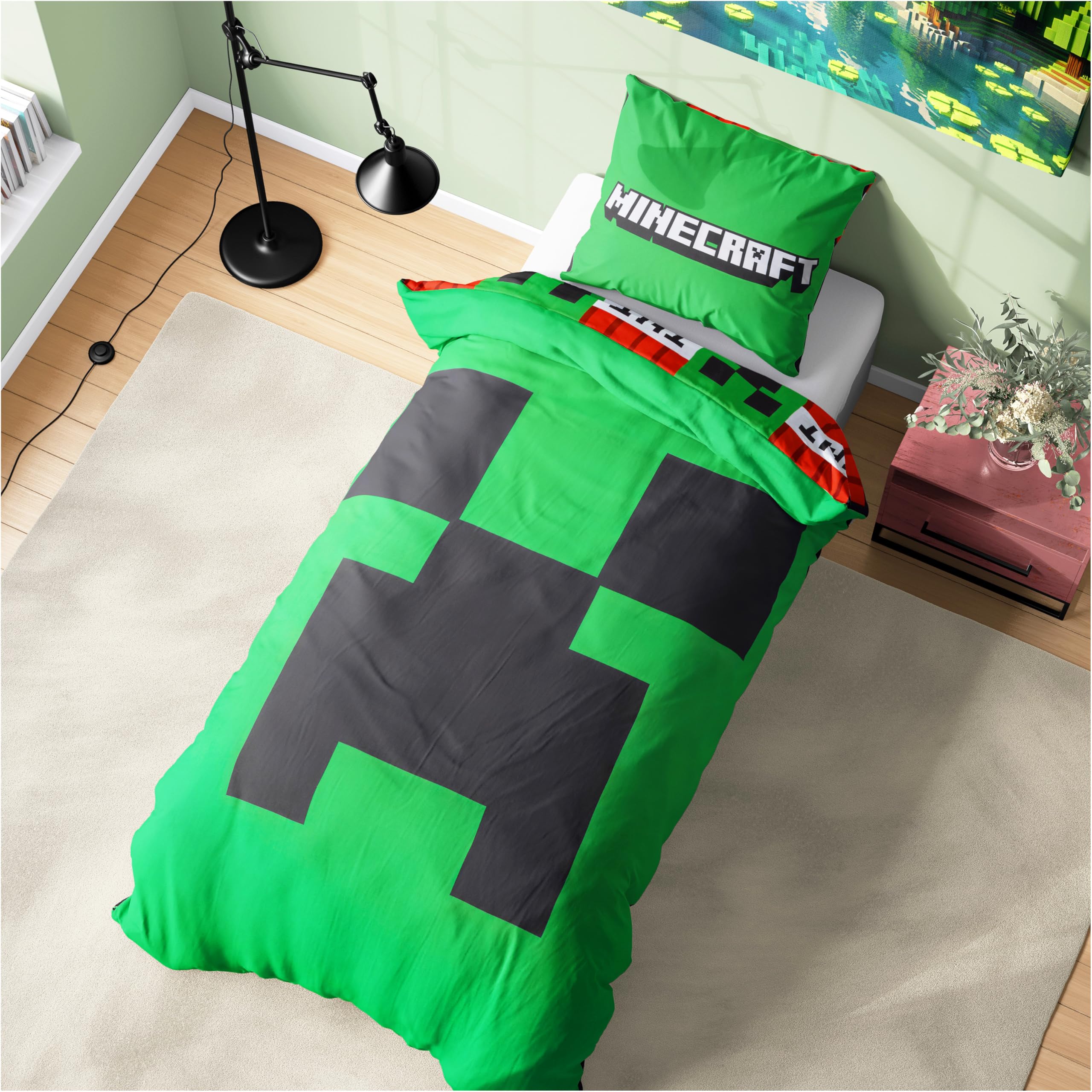 Get Trend Minecraft Pojedynczy zestaw poszewek na kołdrę dla dzieci i nastolatków, dwustronna pościel i poszewka na poduszkę dla chłopców i dziewcząt, akcesoria do sypialni, prezenty anime dla