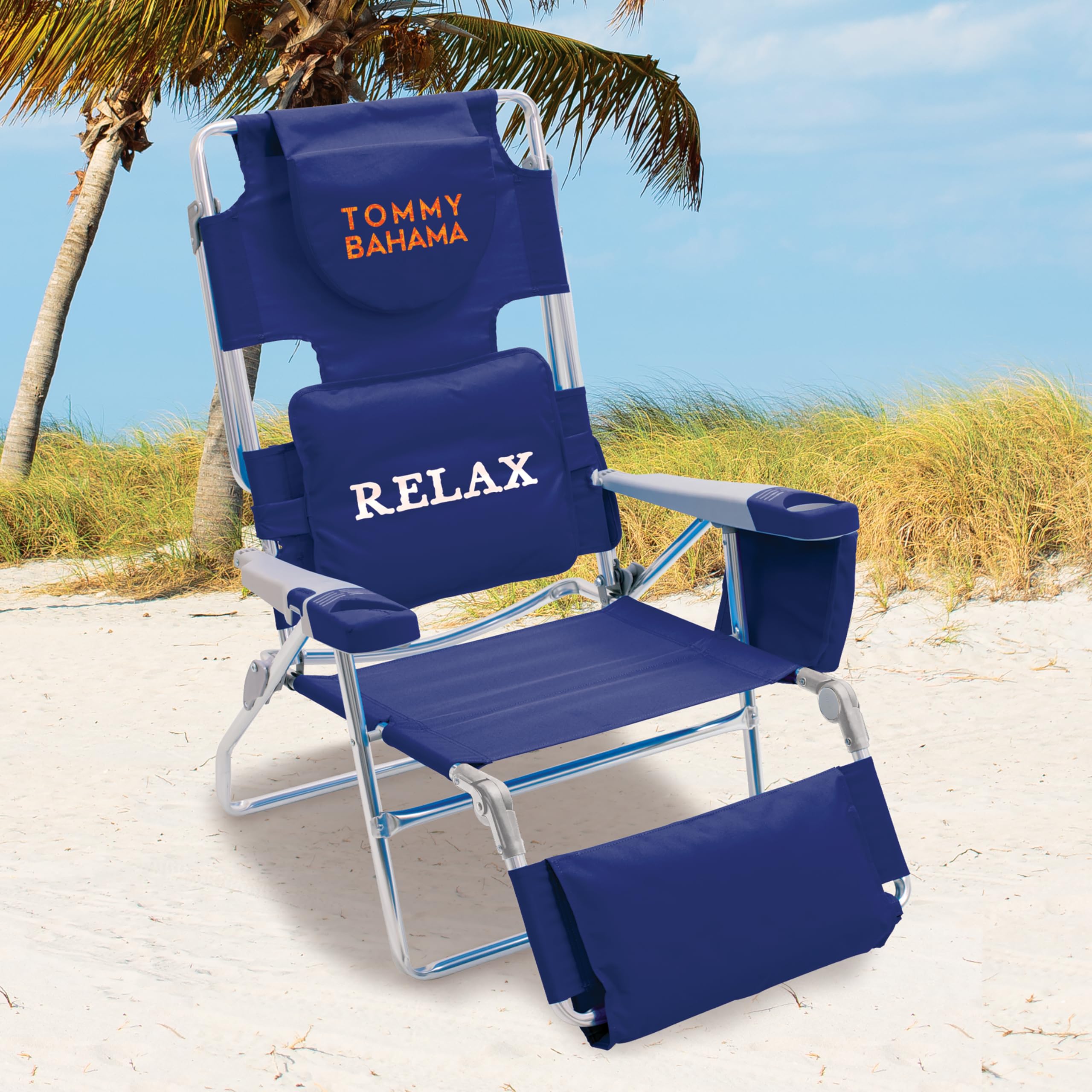 Tommy Bahama 4-Position Face-Opening Read Through Lounger with Ottoman, Portable Folding Beach Chair, Navy