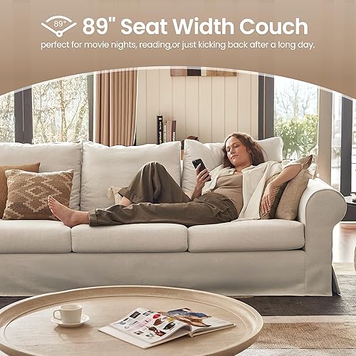 Miniatura 4 de Sofá de 3 plazas de 89 pulgadas, sofá con funda lavable, cojines de apoyo y marco resistente, sofás blancos con brazo enrollado para sala de estar,