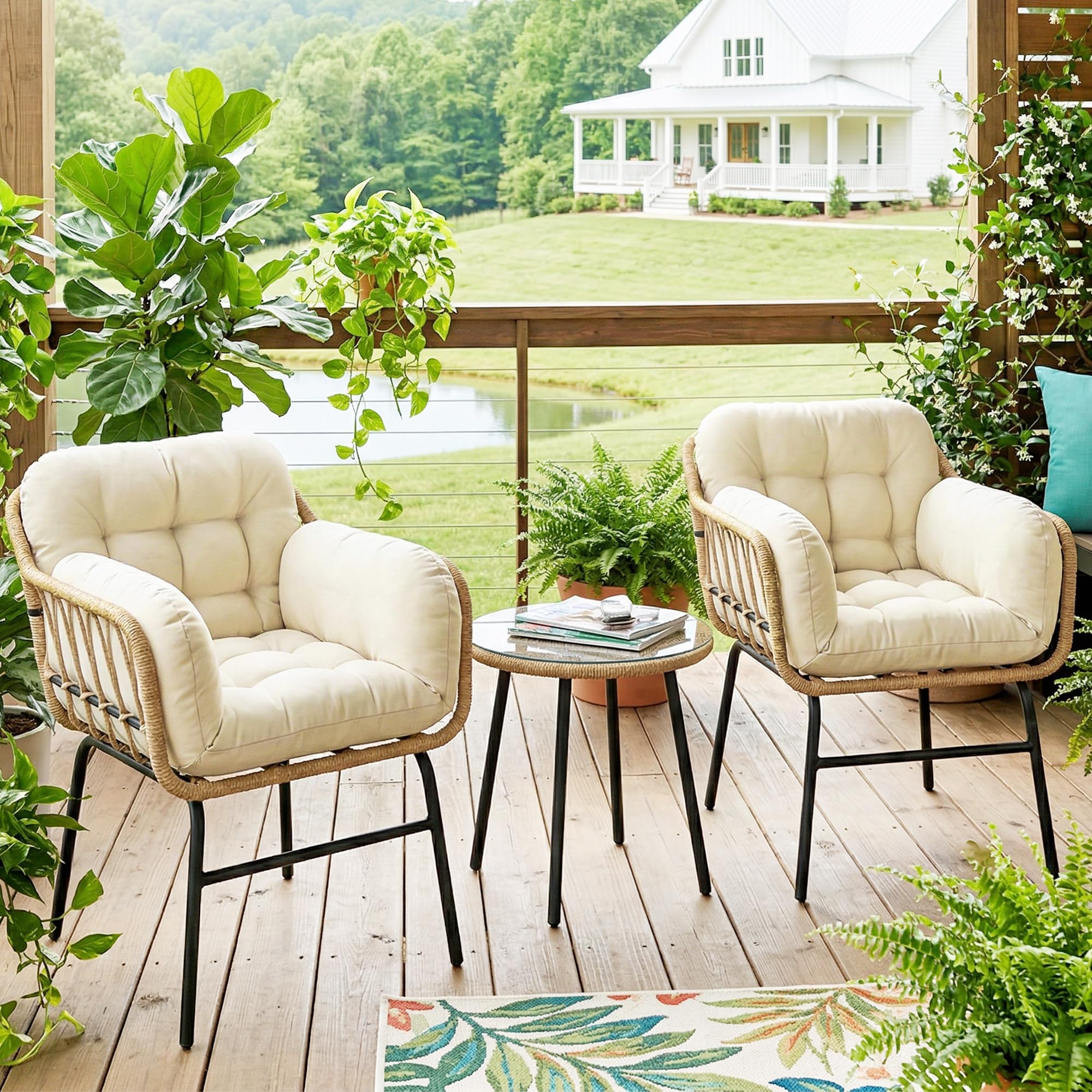 Outsunny Salon de Jardin Extérieur 3 Pièces en Résine Tressée avec 2 Fauteuils et 2 Coussins, Table Basse en Verre Trempé, Mobilier de Jardin pour Terrasse Balcon Patio, Kaki