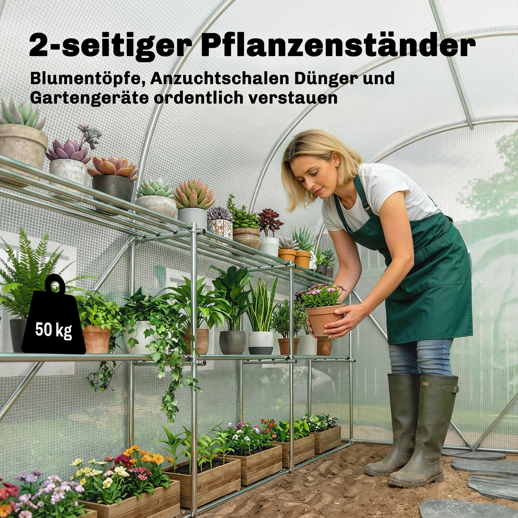Outsunny Gewächshaus ca. 2,7 x 2 x 2 m Foliengewächshaus mit Regalen Rollbar Reißverschlusstür 6 Netzfenster Stützstangen, UV-beständig Folientunnel, Winterfest Tomatenhaus, Weiß