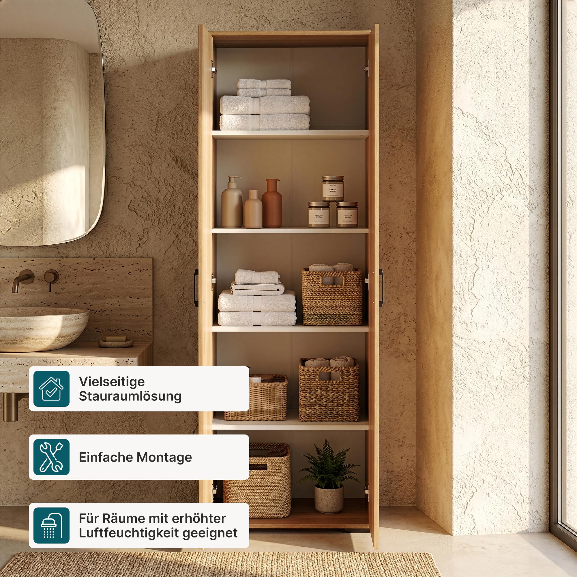 [en.casa] Mehrzweckschrank 60 cm breit Chalvefted Badezimmerschrank schmal 2 Türen Aufbewahrungsschrank Hochschrank Küchenschrank Vorratsschrank Flur Haushaltsschrank 175 x 60 x 35 cm Eicheoptik