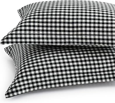 Black White Plaid Gingham Pillowcases, 20x30 Inches, Set of 2 | Pure Cotton, Queen Size Pillow Shams, 2 Inch Edge, Linen Like Feel