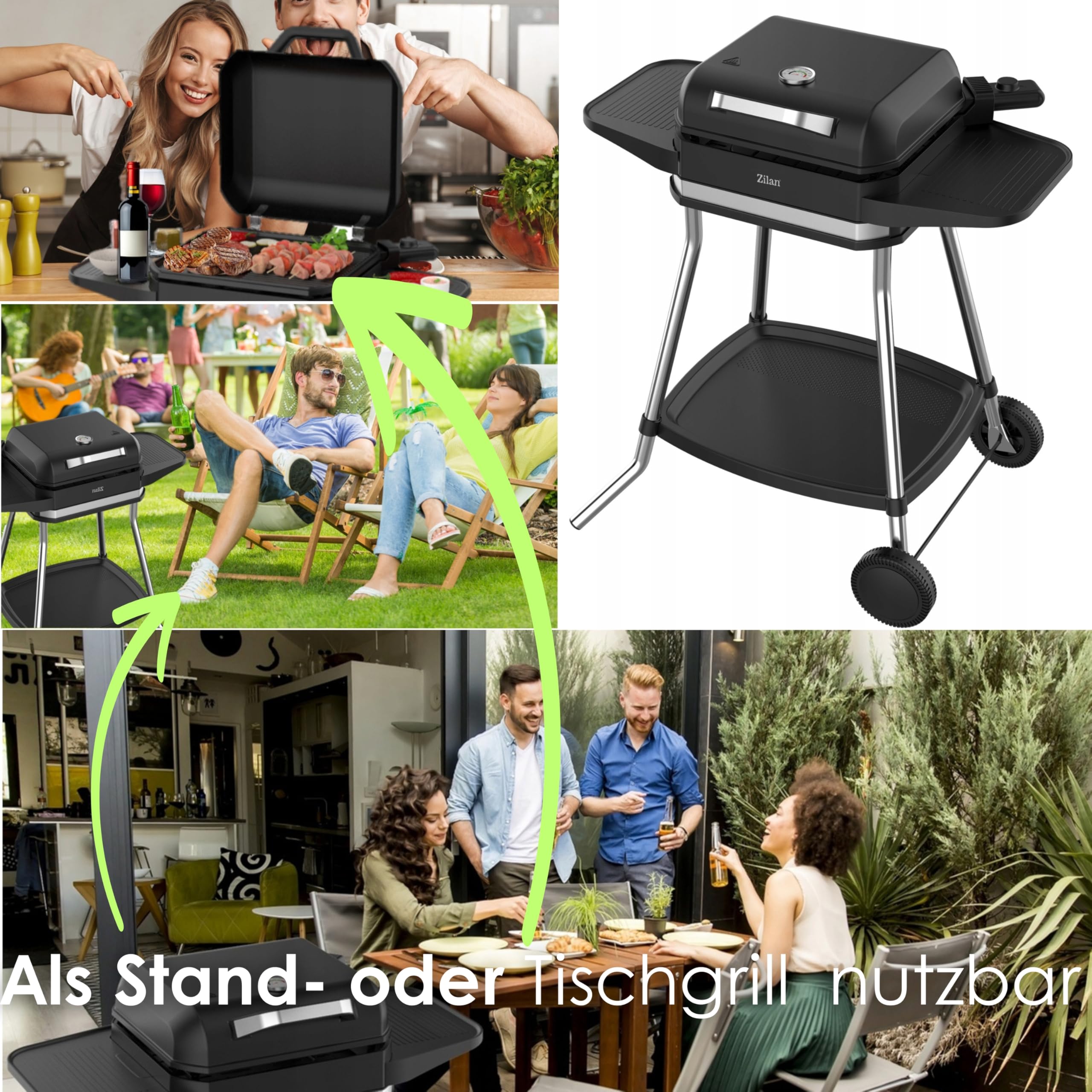 Barbecue électrique 2 en 1 3050 W avec pied grandes surfaces de cuisson régulateur de température