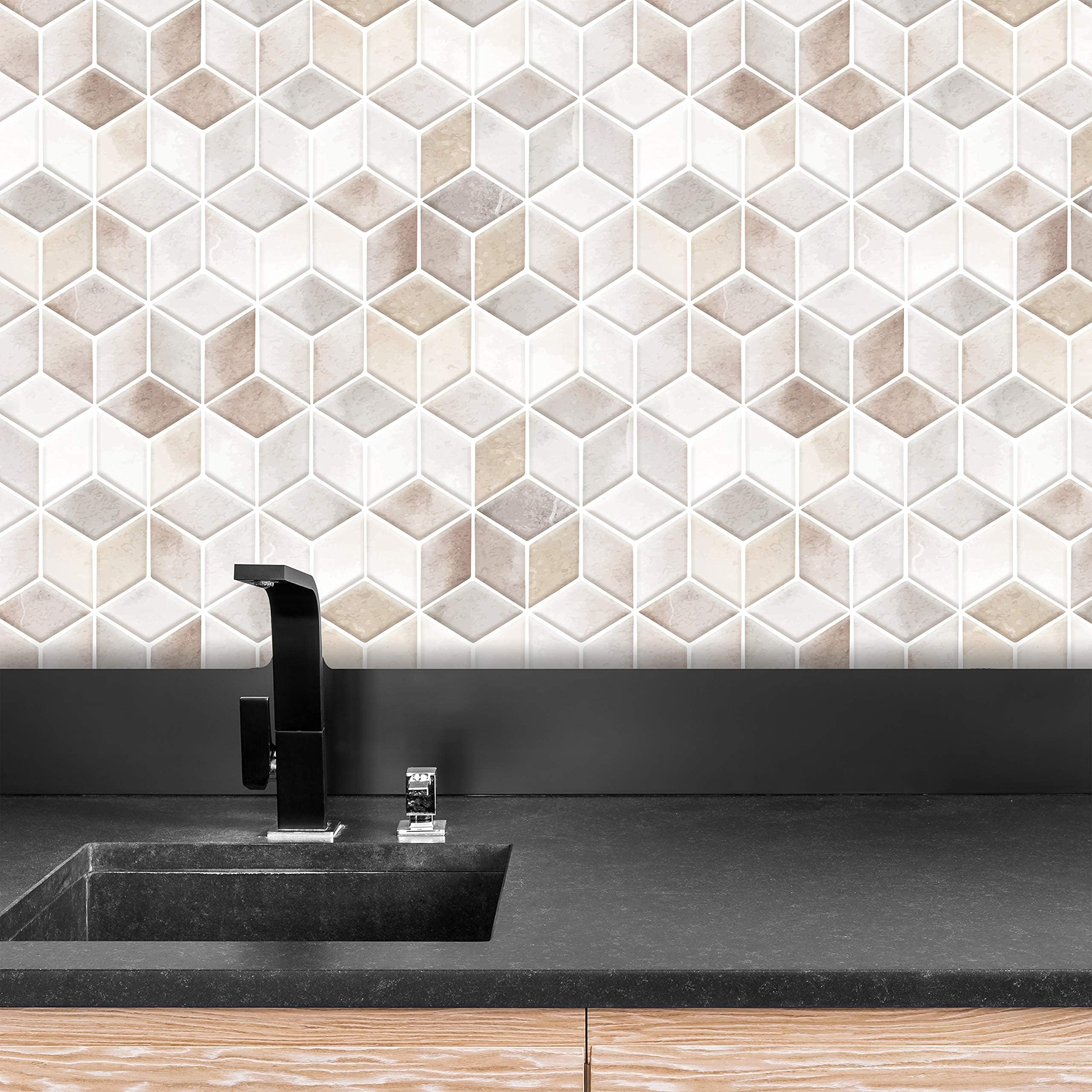 WALPLUS 28.5x14cm@36 pcs Beige Stone Hexacube Wall Tile Sticker Backsplash Tile Paint Stick on Tiles Peel and Stick Self Adhesive Wall Tiles Stickers for Kitchen Bathroom Tile Transfer